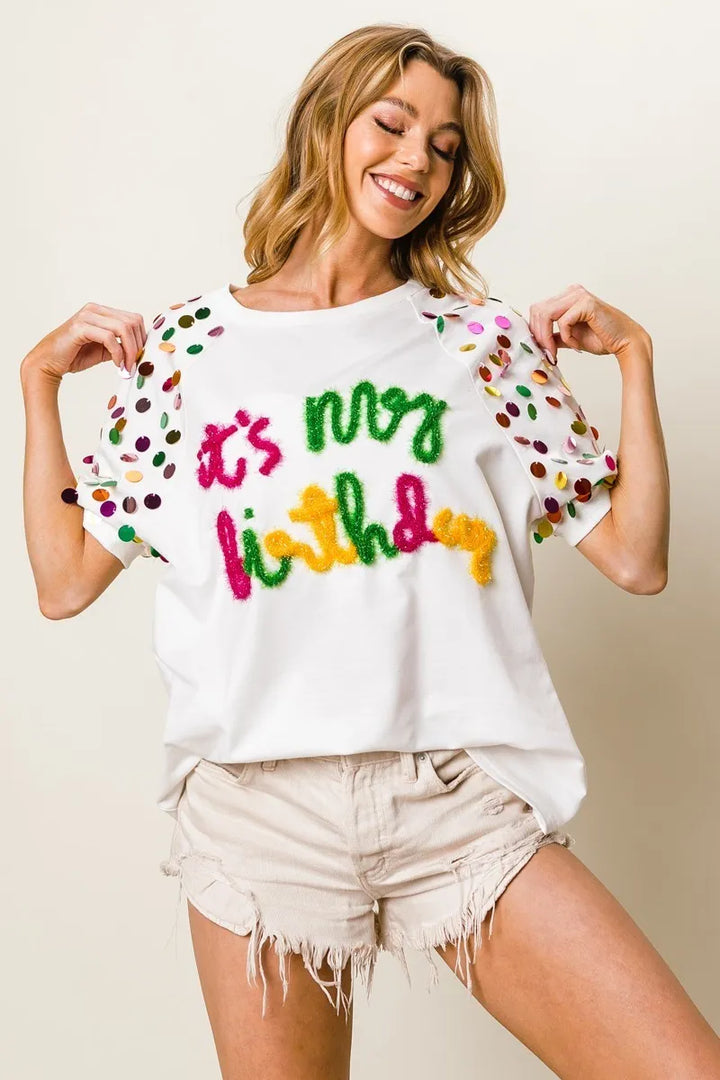 BiBi Metallic Letter Spangle Raglan Puff Sleeve Top Tops