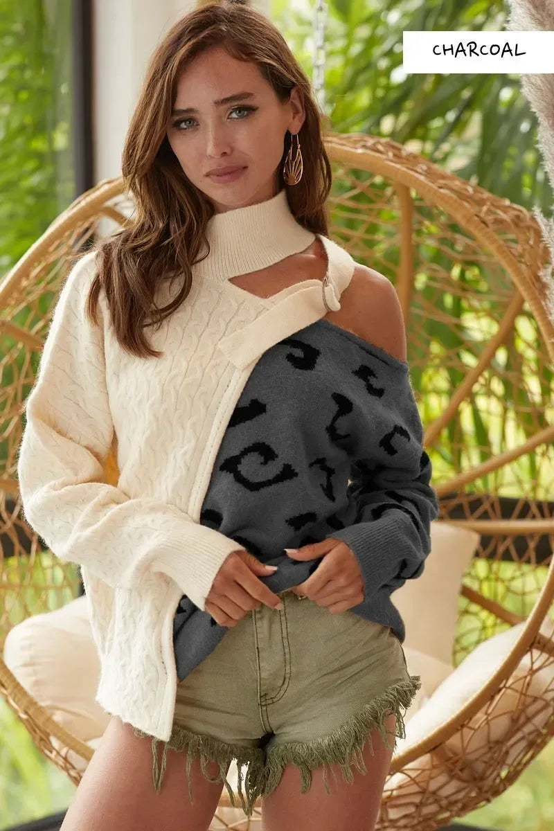 BiBi Cable-Knit Color Block One Shoulder Asymmetrical Sweater - DAVERRI FASHIONS