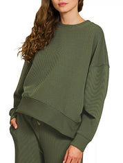 Zenana Ribbed Round Neck Pullover and Drawstring Pants Set | Loungewear Sets Daverri Fashions
