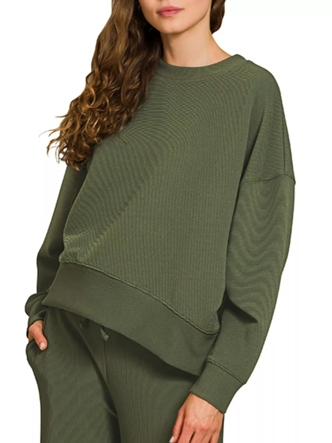 Zenana Ribbed Round Neck Pullover and Drawstring Pants Set | Loungewear Sets Daverri Fashions
