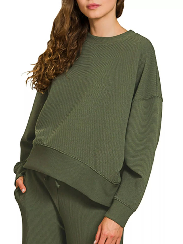 Zenana Ribbed Round Neck Pullover and Drawstring Pants Set | Loungewear Sets Daverri Fashions