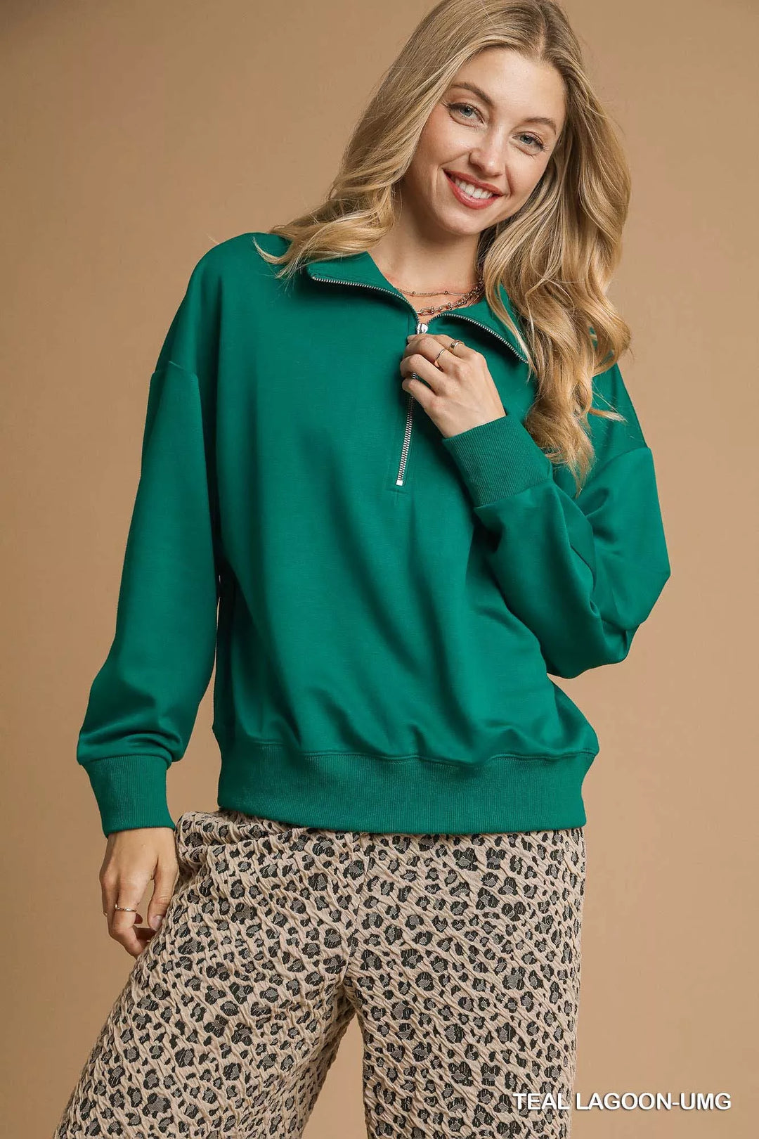 TEAL LAGOON-UMG Umgee Half Zip Drop Shoulder Sweatshirt | Sweatshirts Daverri Fashions