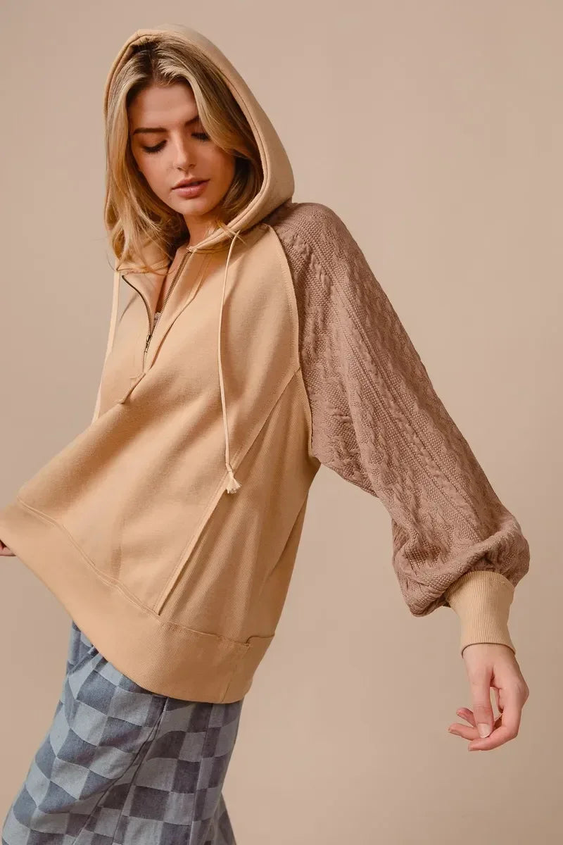 BiBi Half Zip French Terry Hoodie with Kint Sleeves - DAVERRI FASHIONS