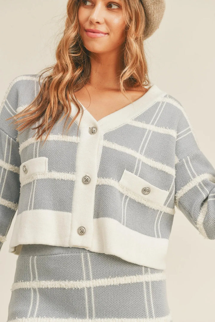 MABLE Plaid Button Down Sweater Cardigan and Mini Skirt Set Outfit Sets