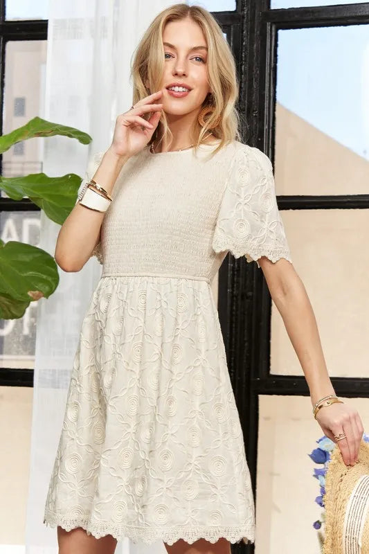 ADORA Rround Neck Crinkle Babydoll Dress BEIGE Mini Dresses