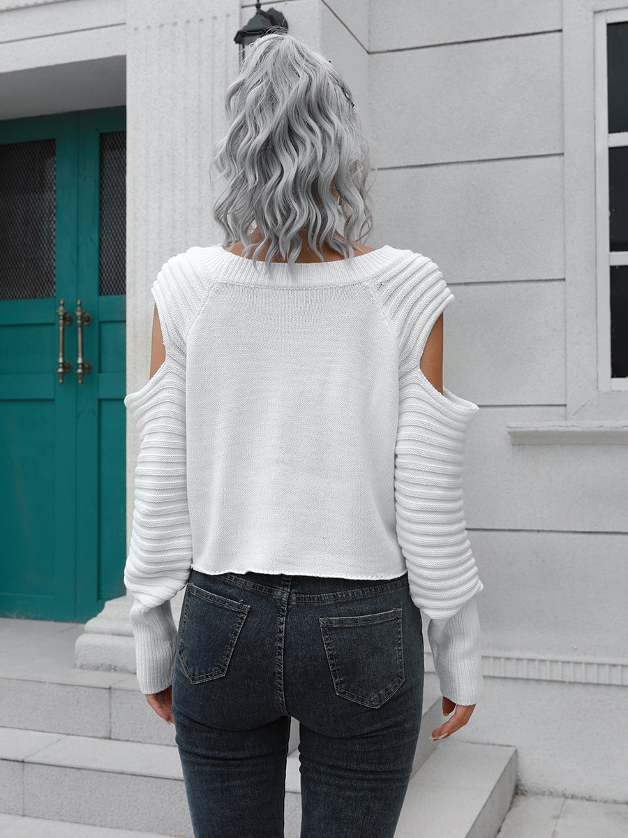 Cold-Shoulder Ribbed Trim Sweater | Sweaters Daverri Fashions