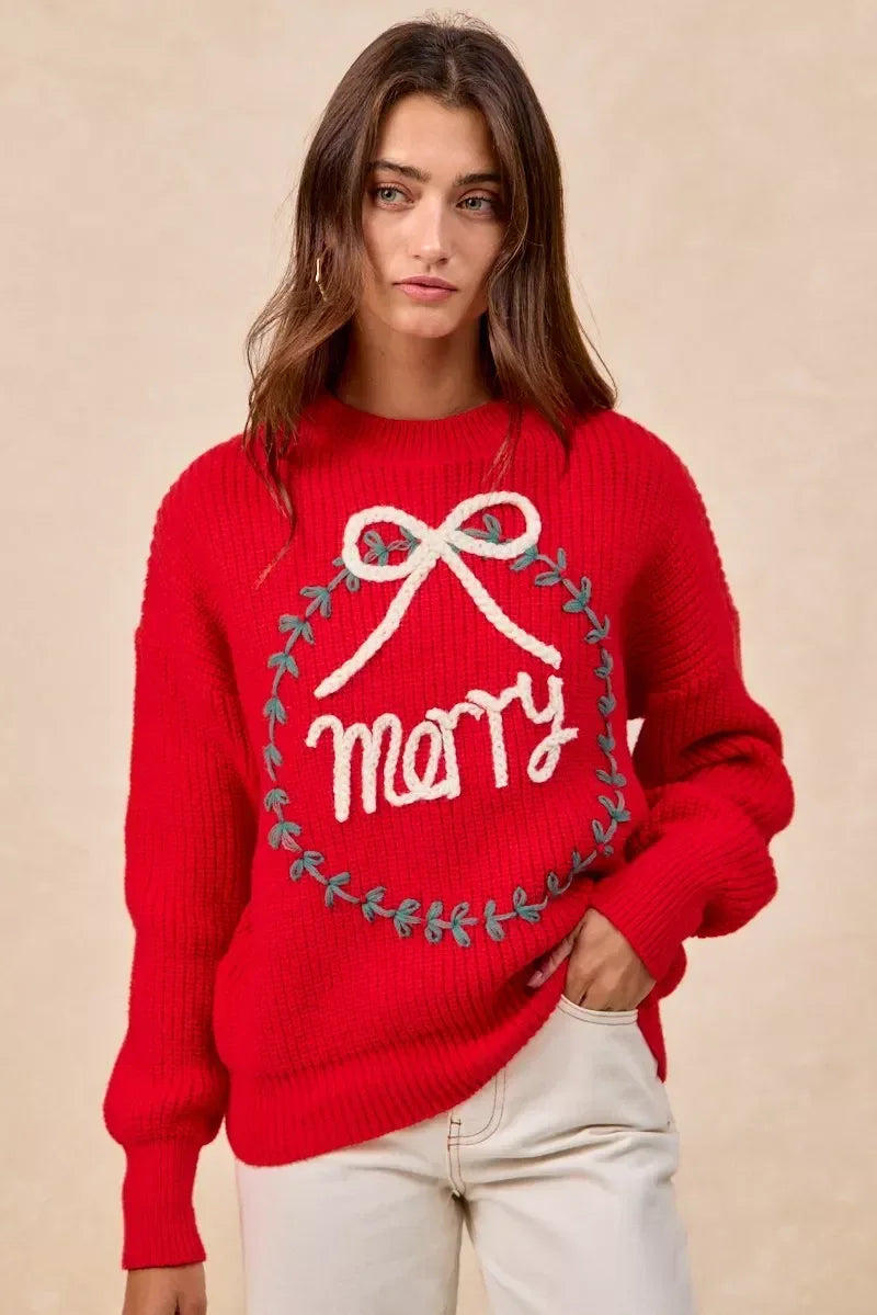 BiBi Christmas Wreath Merry Letter Knit Top - DAVERRI FASHIONS