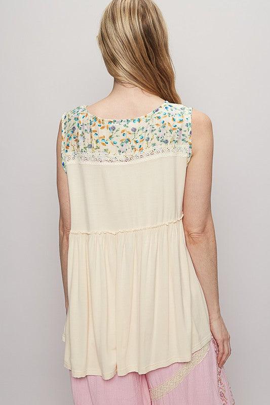 POL Lace Detail Frill Floral V-Neck Sleeveless Top | Tops Daverri Fashions