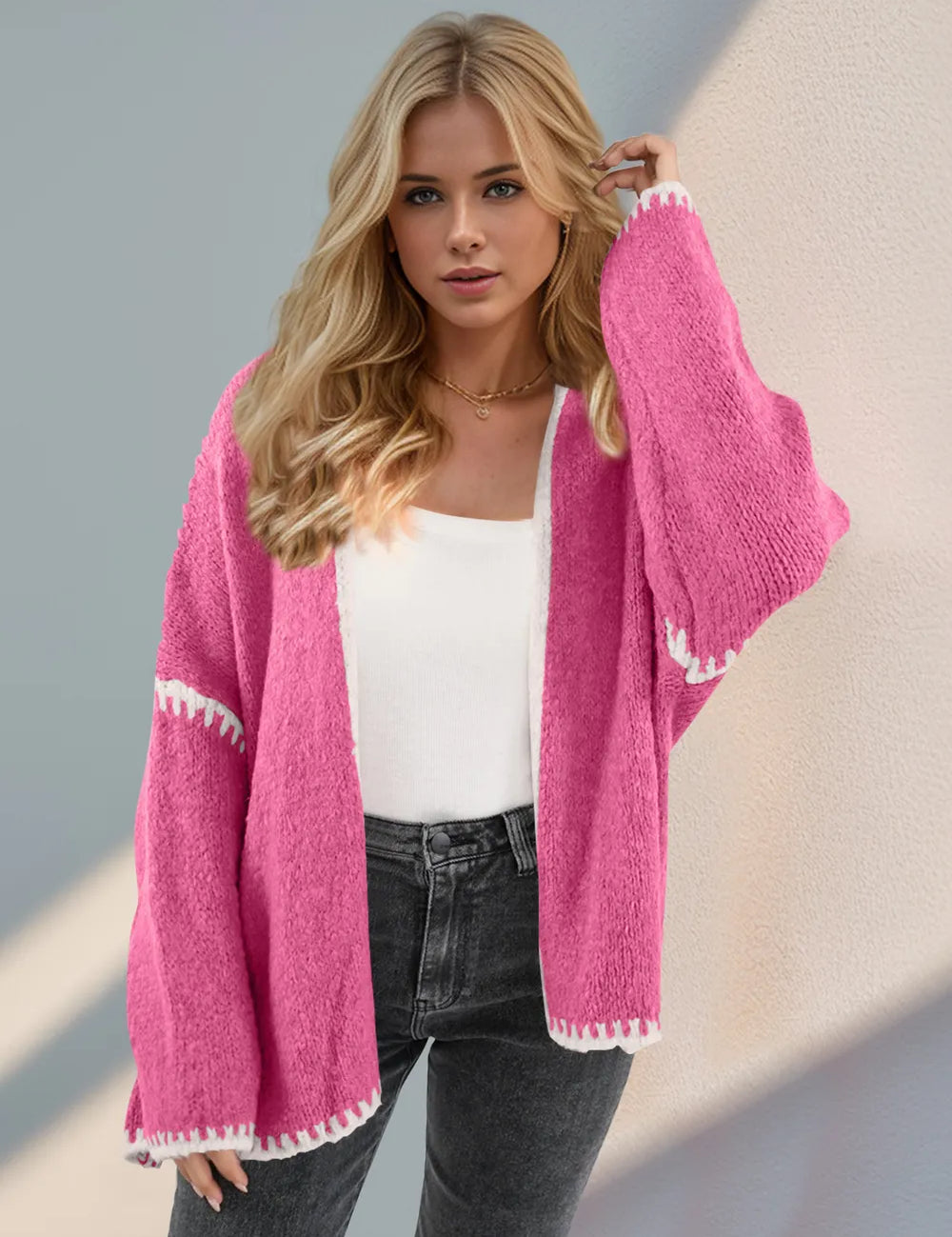 Double Take Contrast Open Front Dropped Shoulder Cardigan | Cardigans Daverri Fashions