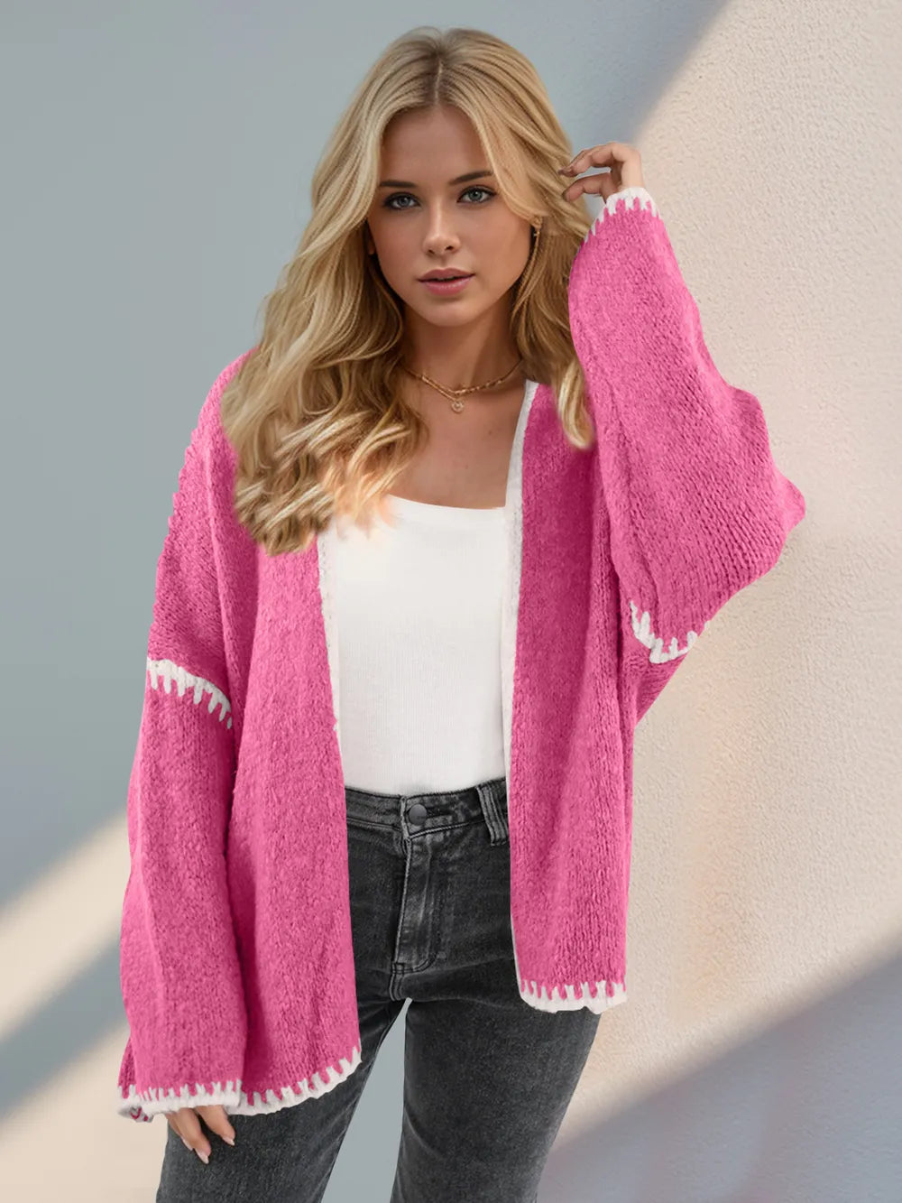 Double Take Contrast Open Front Dropped Shoulder Cardigan | Cardigans Daverri Fashions