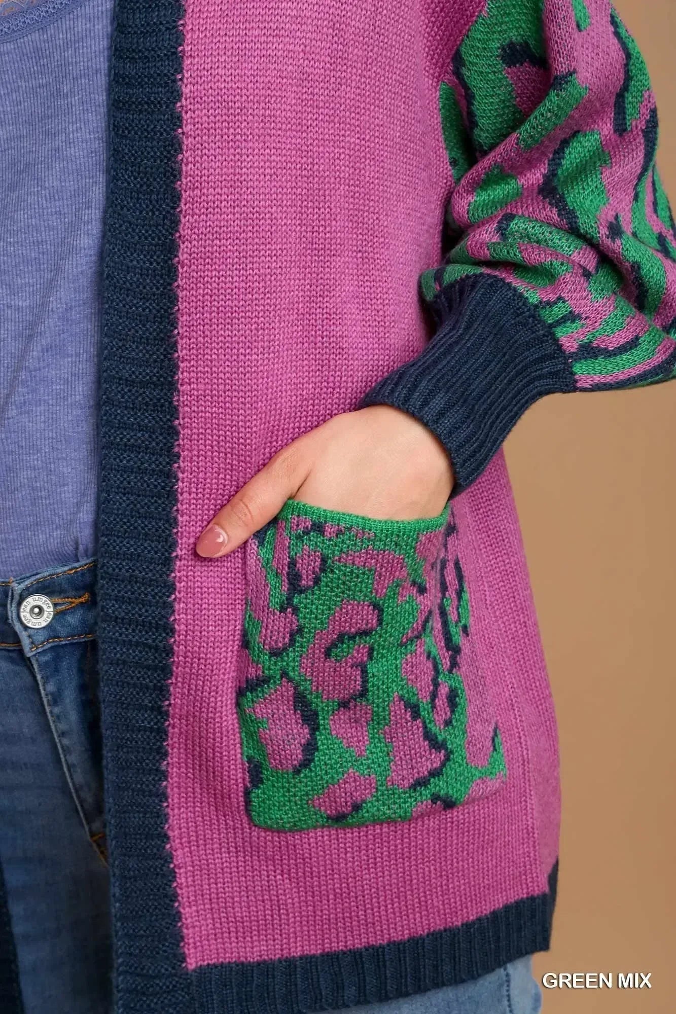 Umgee Animal Print Open Front Sweater Cardigan - DAVERRI FASHIONS