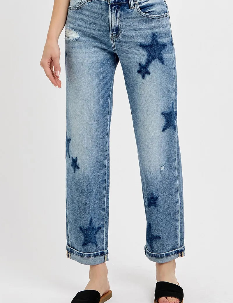 RISEN Full Size Mid Rise Boyfriend Star Shadow Detail Cuffed Jeans | Jeans Daverri Fashions