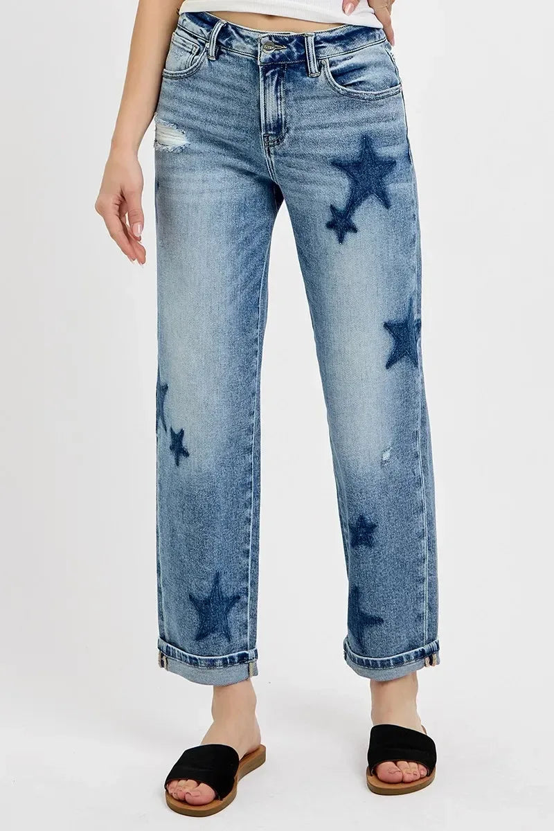 RISEN Full Size Mid Rise Boyfriend Star Shadow Detail Cuffed Jeans - DAVERRI FASHIONS