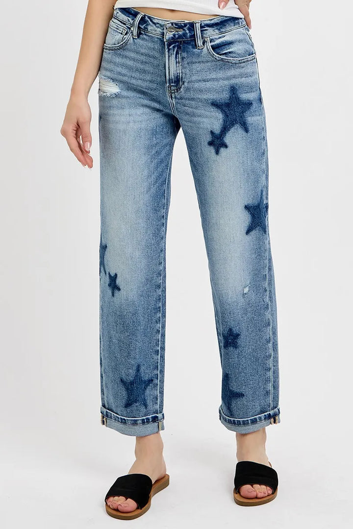 RISEN Full Size Mid Rise Boyfriend Star Shadow Detail Cuffed Jeans Jeans