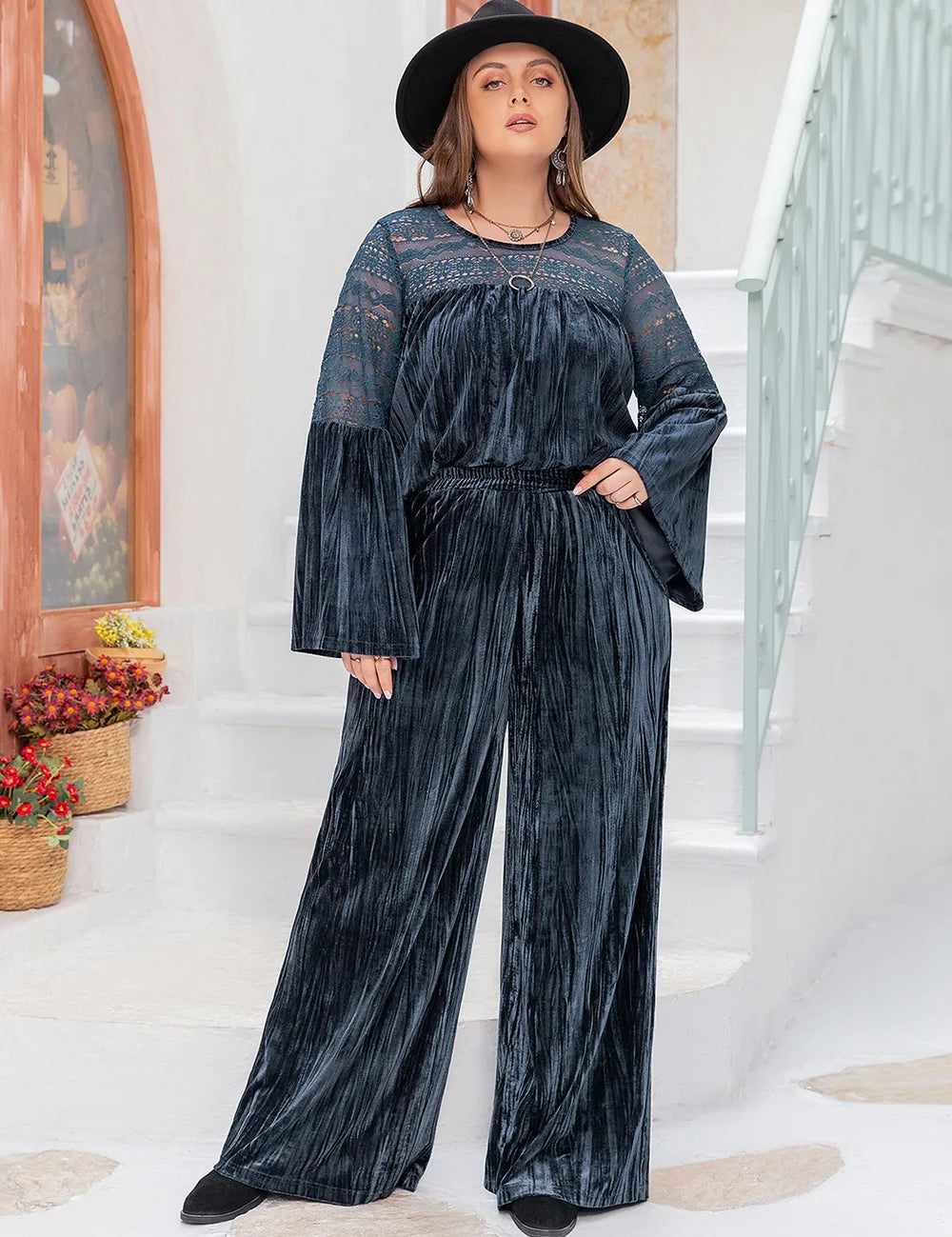 Peacock Blue Plus Size Round Neck Flare Sleeve Top and Pants Set | Outfit Sets Daverri Fashions