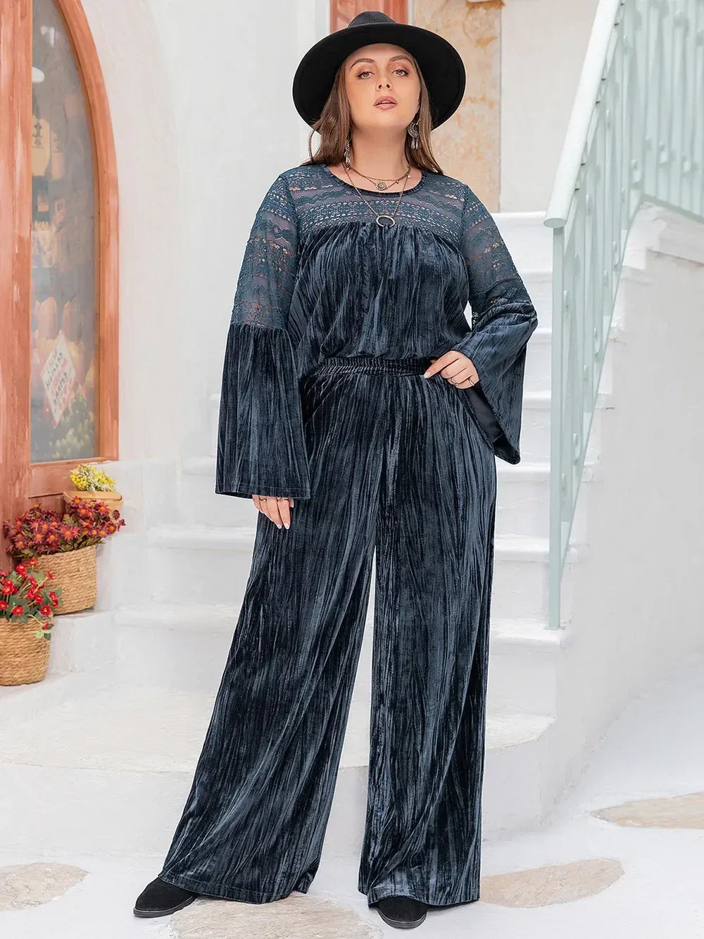 Plus Size Round Neck Flare Sleeve Top and Pants Set - DAVERRI FASHIONS