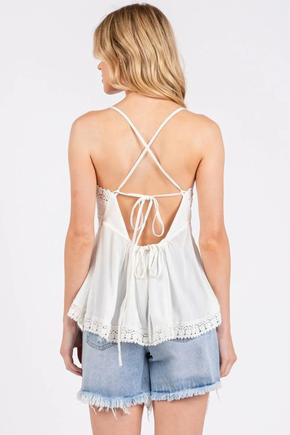 Mittoshop Crisscross Back Lace Detail V-Neck Cami with white lace trim