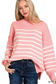 DK PINK Zenana Exposed Seam Striped Oversized Sweater Pink | Sweaters Daverri Fashions