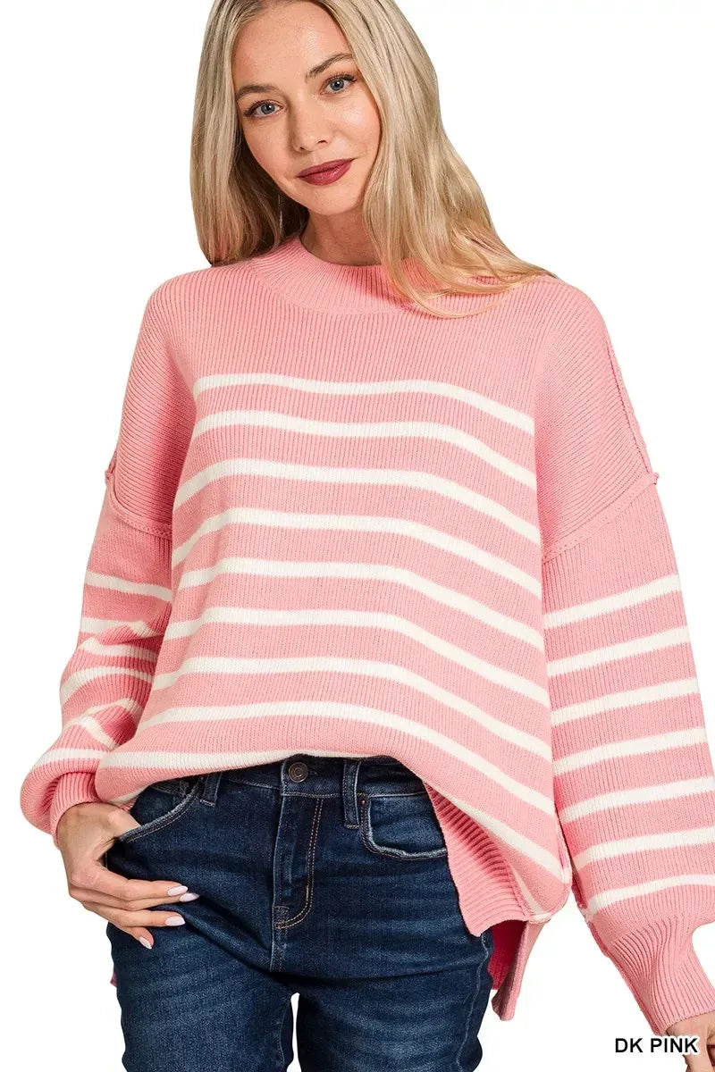 Zenana Exposed Seam Striped Oversized Sweater Pink - DAVERRI FASHIONS