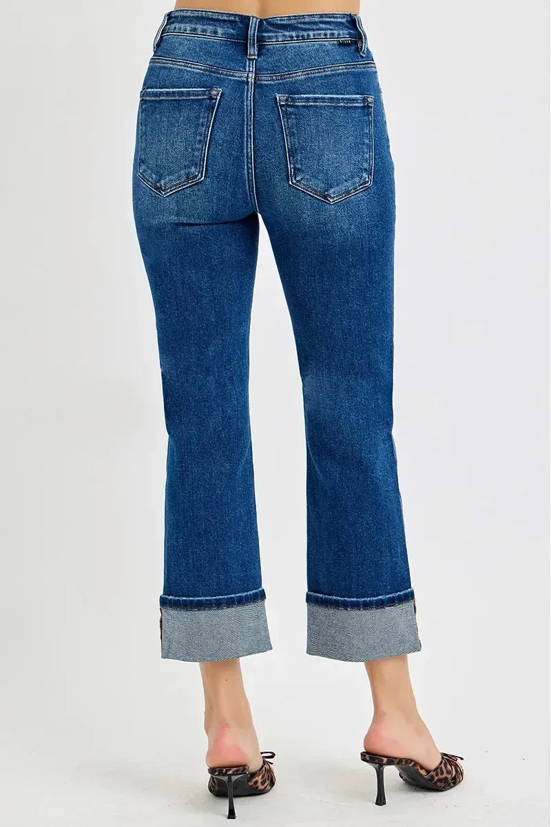 RISEN High Rise Ankle Straight Cuffed Jeans - DAVERRI FASHIONS