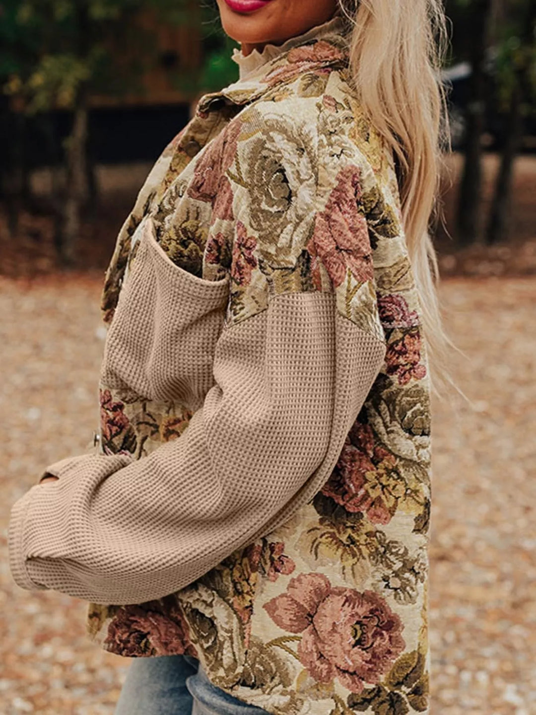 Floral Waffle Knit Patchwork Chest Pockets Buttoned Jacket | Jackets Daverri Fashions