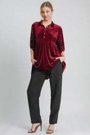 Umgee Pearl Detail Collared Neck Velvet Babydoll Blouse | Blouses Daverri Fashions