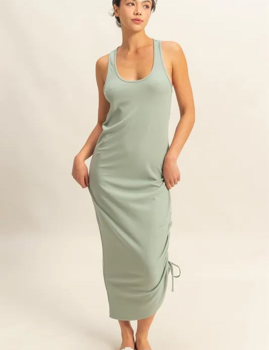 SAGE GREEN HYFVE Scoop Neck Side Tie Detail Midi Dress | Daverri Fashions