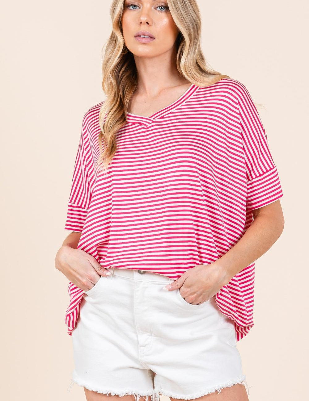 BOMBOM Striped V-Neck T-Shirt Fuchsia T-Shirts