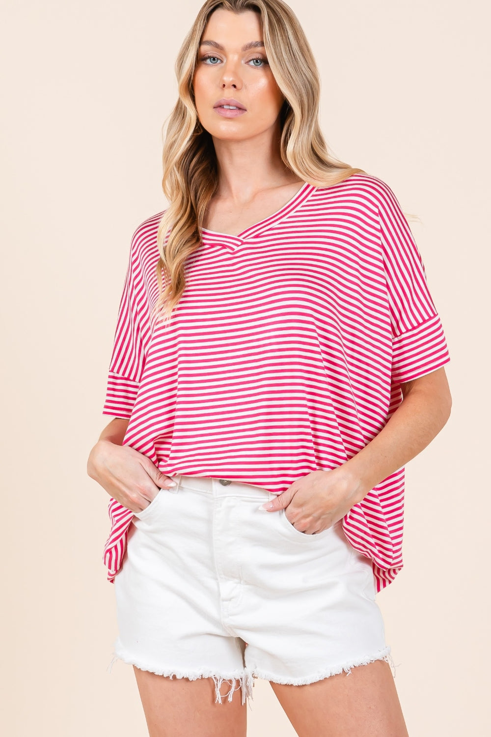BOMBOM Striped V-Neck T-Shirt Fuchsia