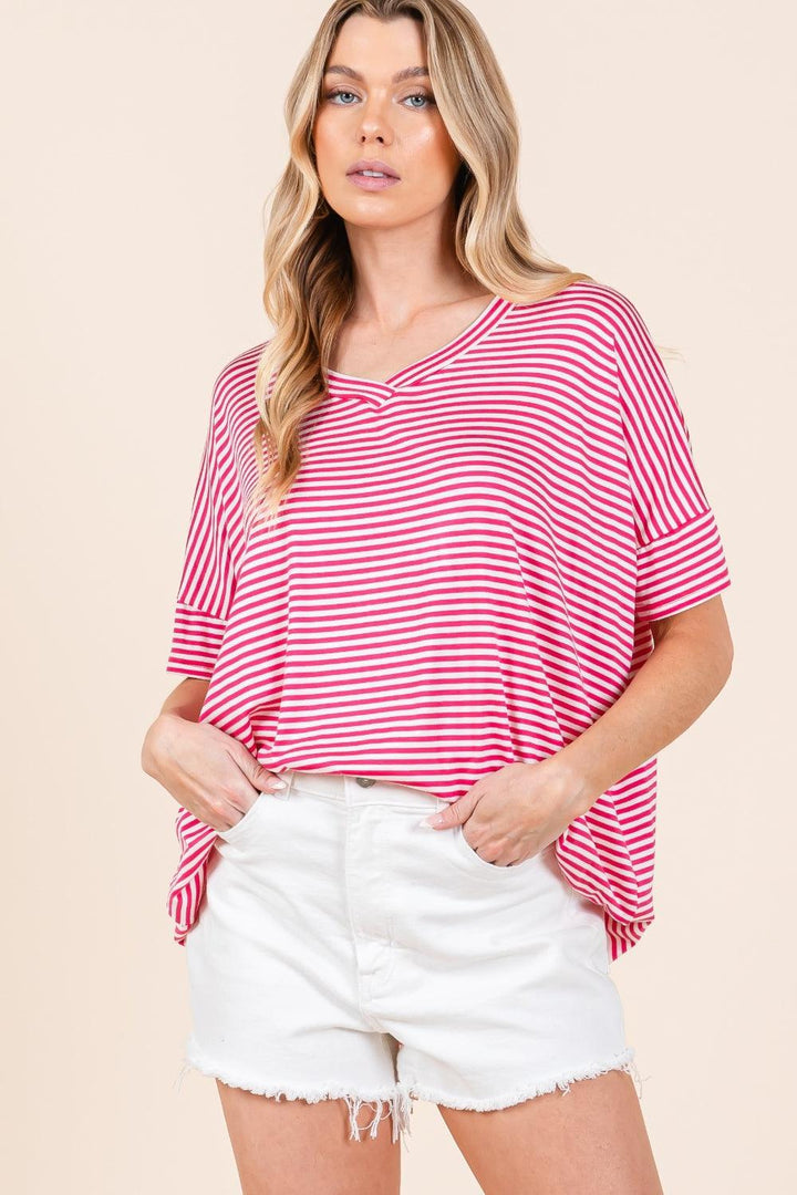 BOMBOM Striped V-Neck T-Shirt Fuchsia T-Shirts