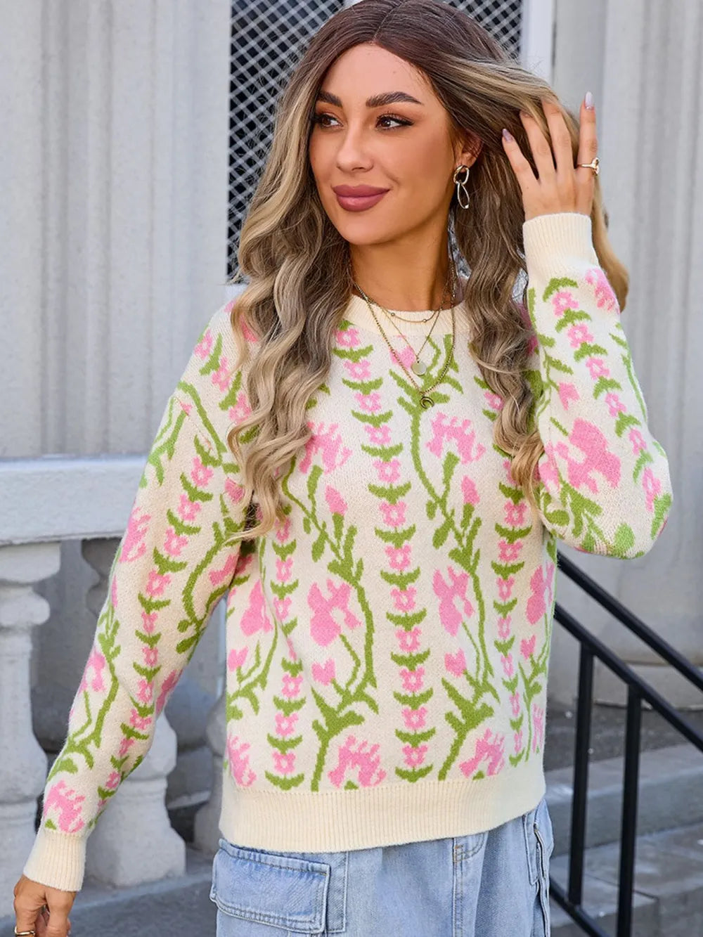 Angel Wings Flower Round Neck Long Sleeve Sweater | Sweaters Daverri Fashions