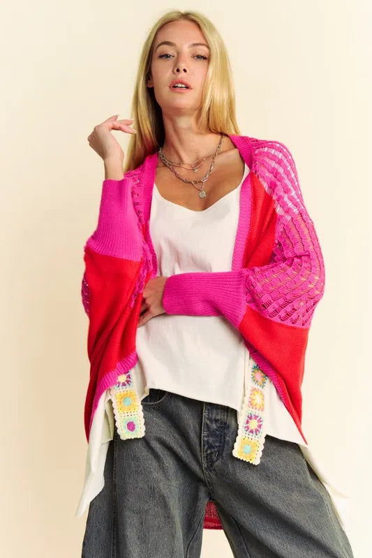 Davi & Dani Openwork Contrast Open Front Cardigan Red Multicolor Cardigans