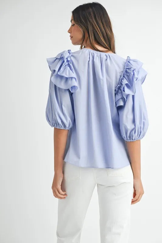 MABLE Stripe Ruffle Shoulder Puff Sleeve Blouse Blouses