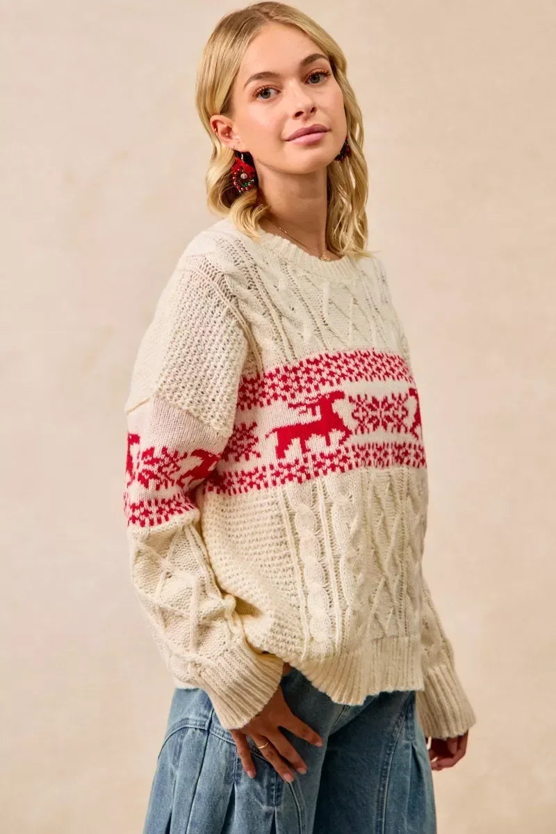 BiBi Christmas Theme Patterned Cable Knit Sweater - DAVERRI FASHIONS