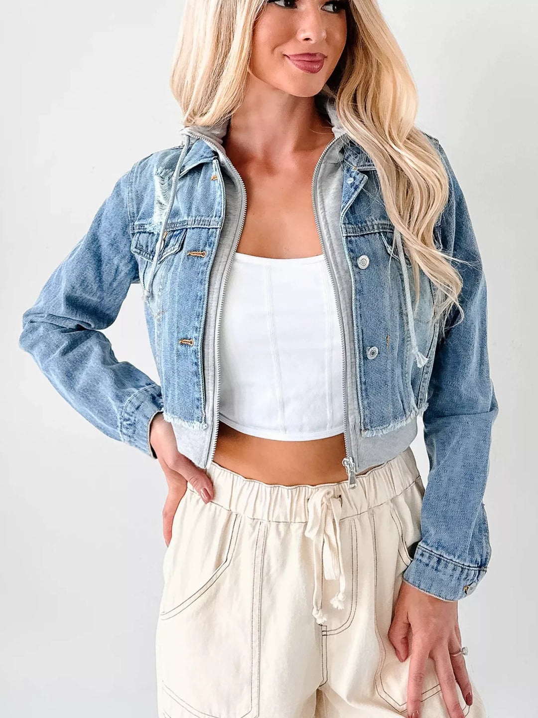 Distressed Zip Up Cropped Hooded Denim Jacket | Denim Jackets Daverri Fashions