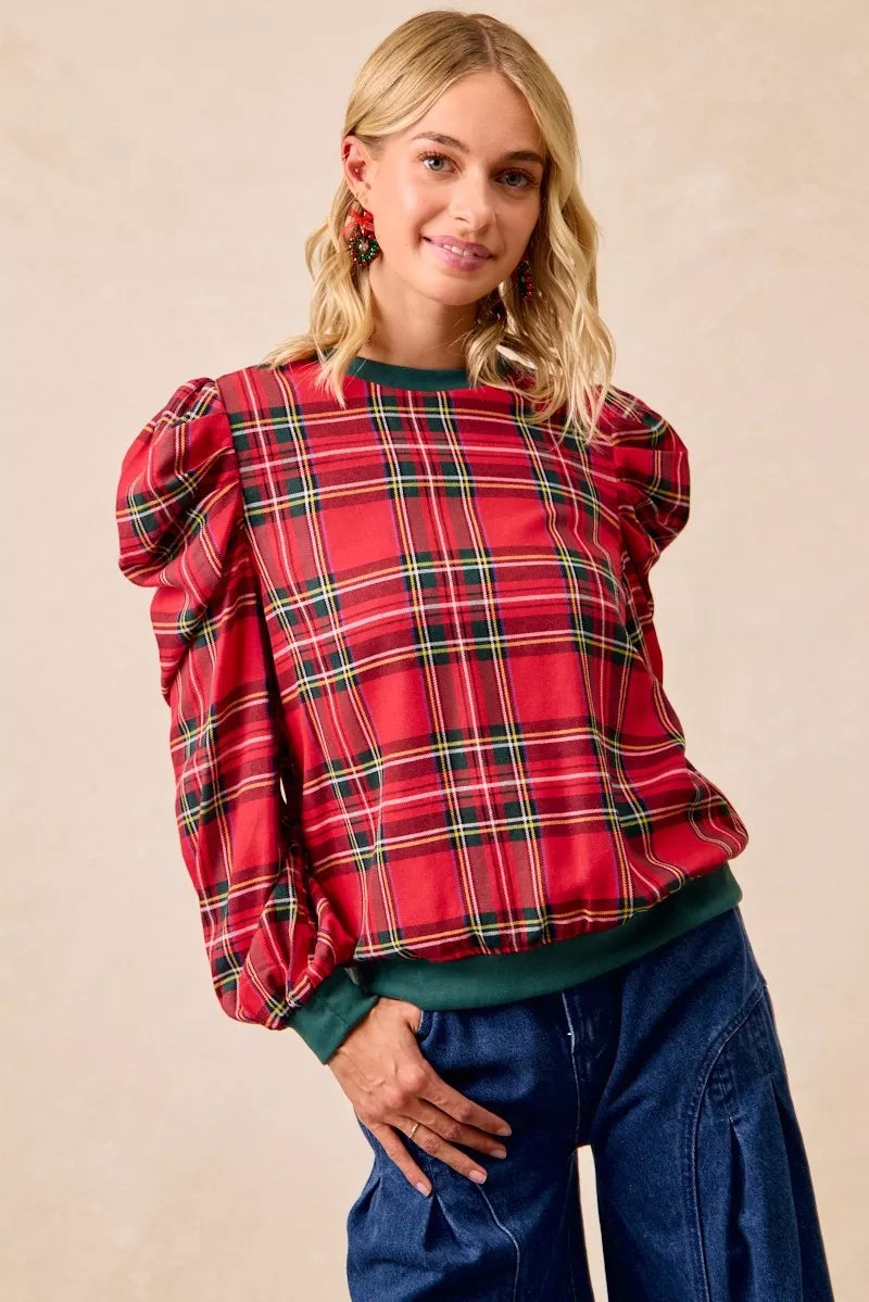 BiBi Christmas Plaid Exaggerated Shoulder Sleeves Top | Tops Daverri Fashions