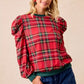 BiBi Christmas Plaid Exaggerated Shoulder Sleeves Top - DAVERRI FASHIONS