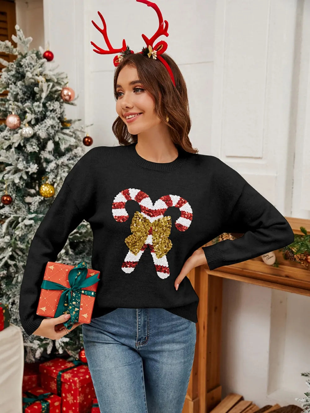 Black Sequin Candy Cane Round Neck Long Sleeve Sweater | Sweaters Daverri Fashions