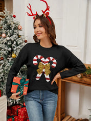 Black Sequin Candy Cane Round Neck Long Sleeve Sweater | Sweaters Daverri Fashions
