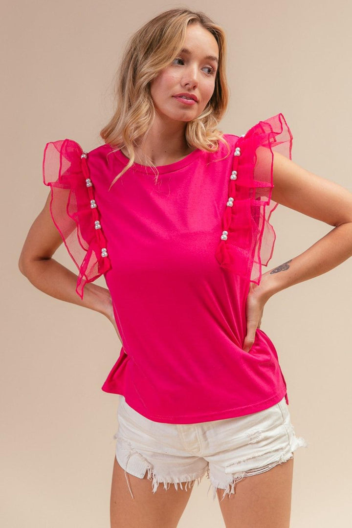 BiBi Pearl Decor Mesh Ruffle Sleeve Top Fuchsia Shirts & Tops