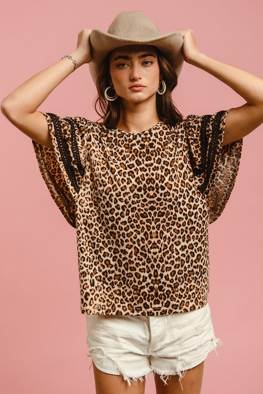 BiBi Leopard Crochet Trim Round Neck Short Sleeve Top Leopard Tops