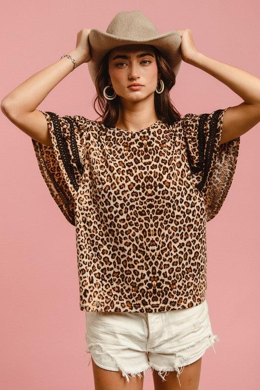 BiBi Leopard Crochet Trim Round Neck Short Sleeve Top Leopard S Tops