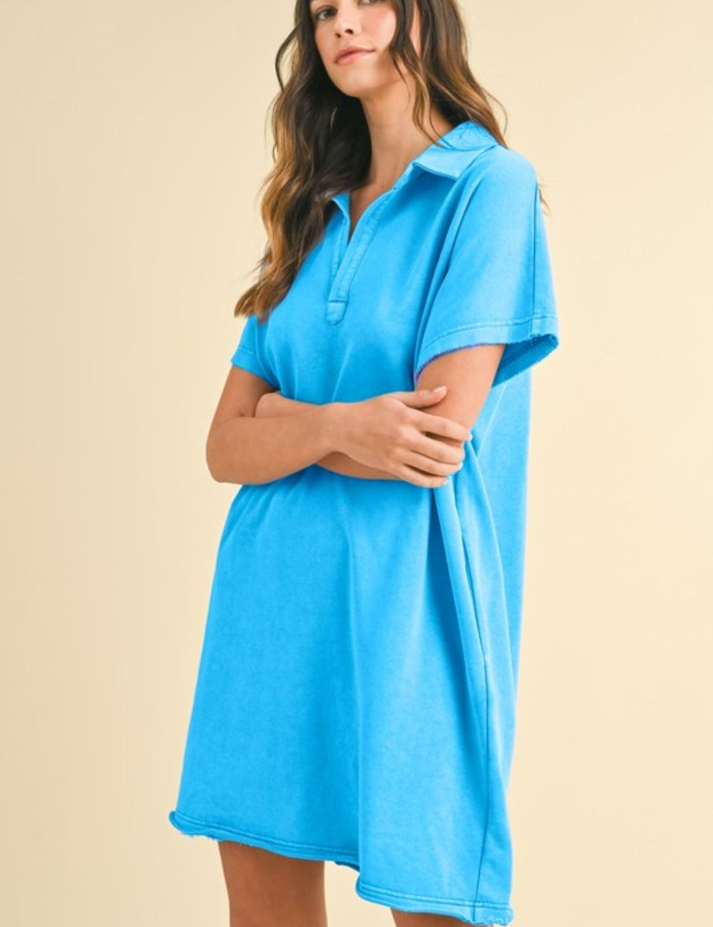 Annie Wear Mineral Washed Johnny Collar Short Sleeve Dress Sky Blue Tops