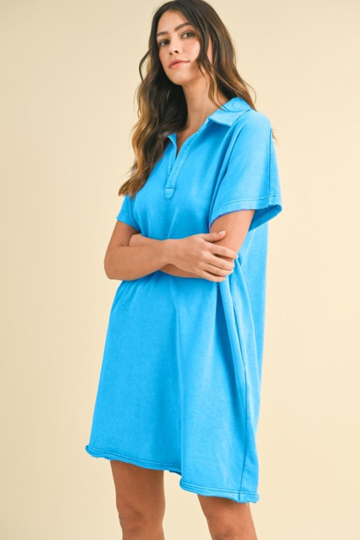 Annie Wear Mineral Washed Johnny Collar Short Sleeve Dress Sky Blue Tops