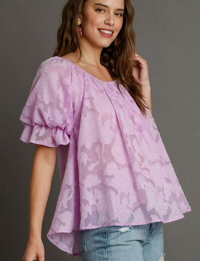 Umgee Full Size Jacquard Round Neck Ruffled Puff Sleeve Blouse Plus Size Tops