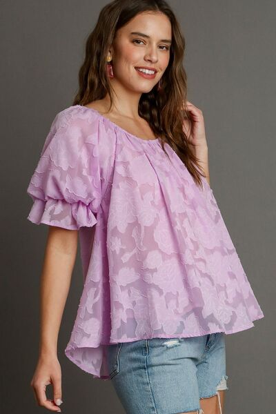 Umgee Full Size Jacquard Round Neck Ruffled Puff Sleeve Blouse Plus Size Tops