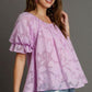 Umgee Full Size Jacquard Round Neck Ruffled Puff Sleeve Blouse Plus Size Blouses