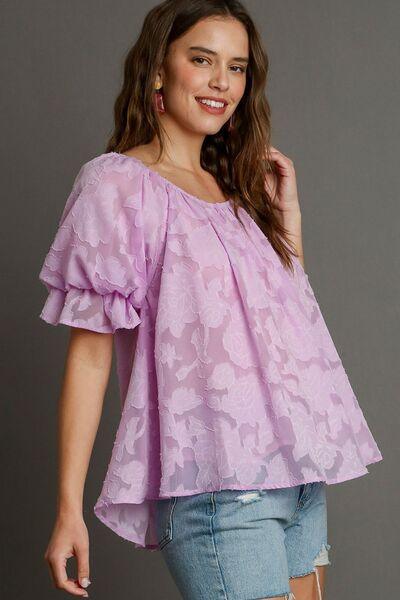 Umgee Full Size Jacquard Round Neck Ruffled Puff Sleeve Blouse Plus Size Blouses