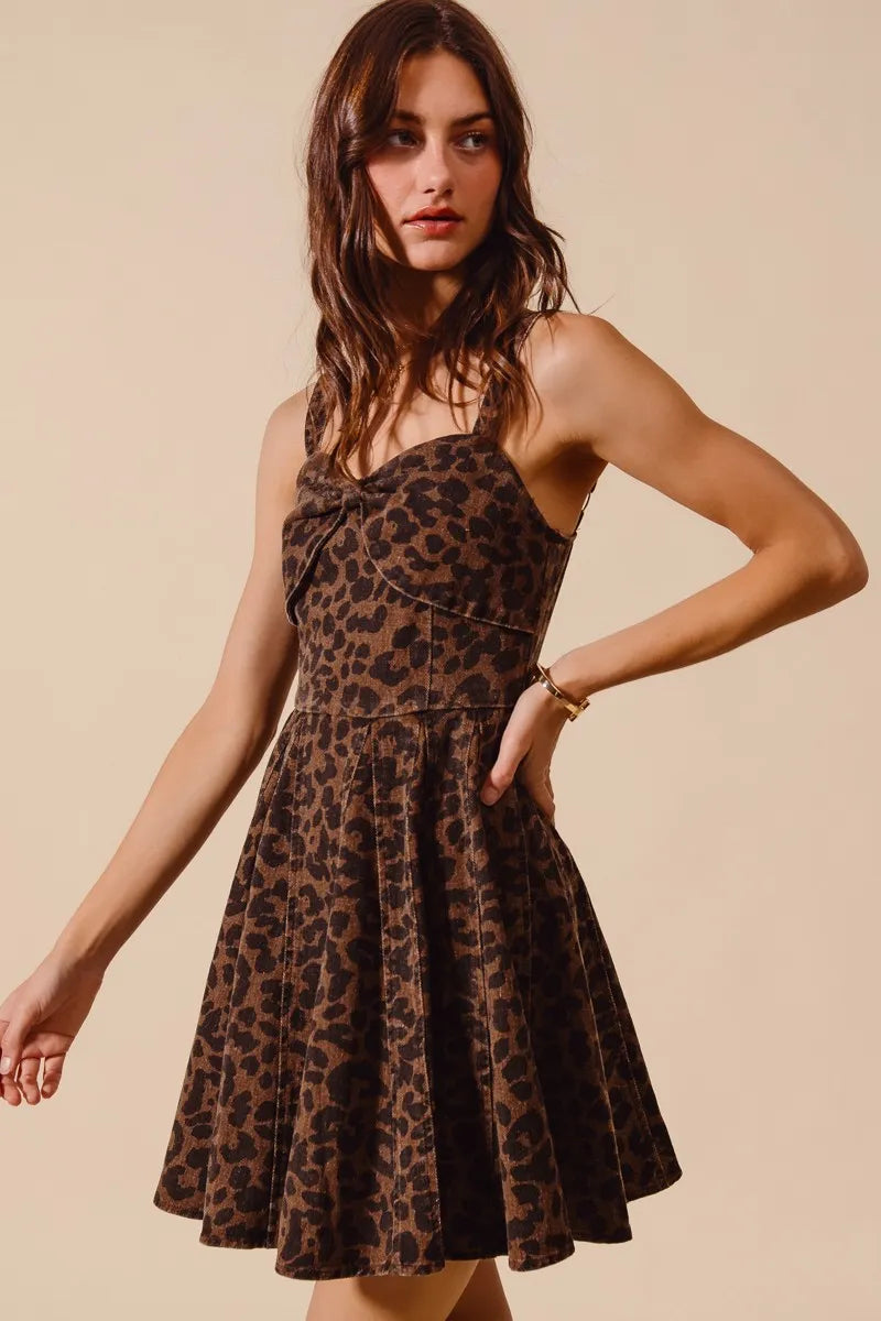 SO ME Mineral Washed Leopard Flare Cami Dress Mini Dresses