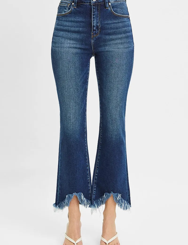 Dark 1 RISEN High Rise Crop Bootcut Fray Hem Jeans | Daverri Fashions